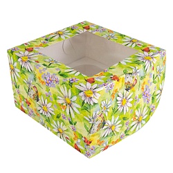 Коробка на 4 капкейка с окном "Акварельные ромашки"